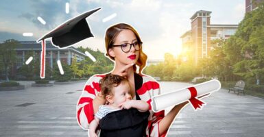 Young woman with baby in carrier with university campus in background and mortar board