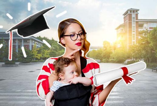 Young woman with baby in carrier with university campus in background and mortar board