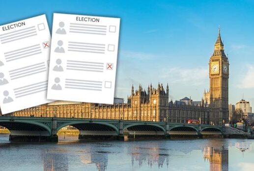 Houses of Parliament with two ballot papers in front