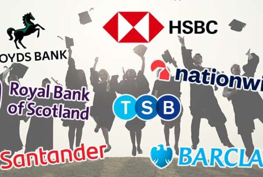 Graduates in background with bank logos