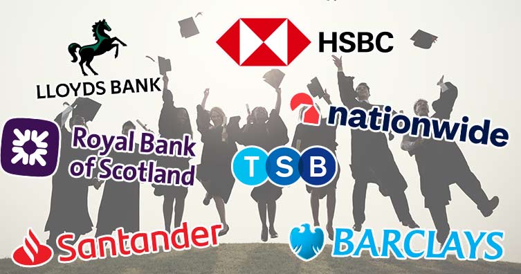 Graduates in background with bank logos