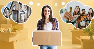 Girl carrying moving boxes with images of houseshare sign and friends at home