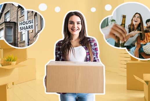 Girl carrying moving boxes with images of houseshare sign and friends at home