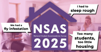 Purple house icon with "NSAS 2025 - National Student Accommodation Survey" written inside, and speech bubbles around saying "I had to sleep rough", "We had a fly infestation" and "Too many students, too little housing"