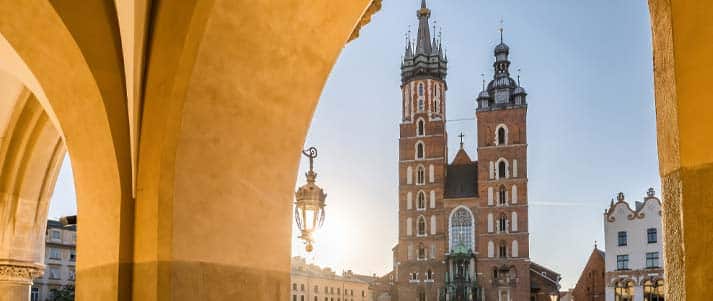 Views of St. Mary's Basilica in Krakow's main square, Poland
