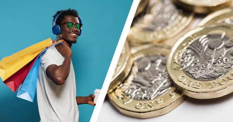 young man with shopping bags and a close up of pound coins